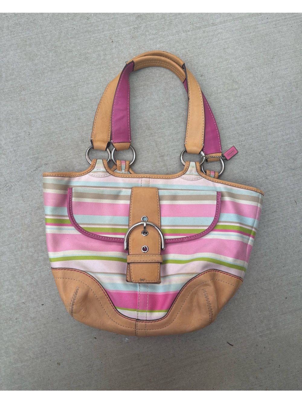 Vintage Coach Striped Pink & Tan Tote Bag with Buckle Detail